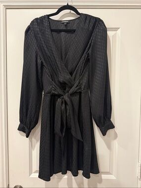 Express Black Wrap Tie Dress with Long Puff Sleeves Size Large EUC